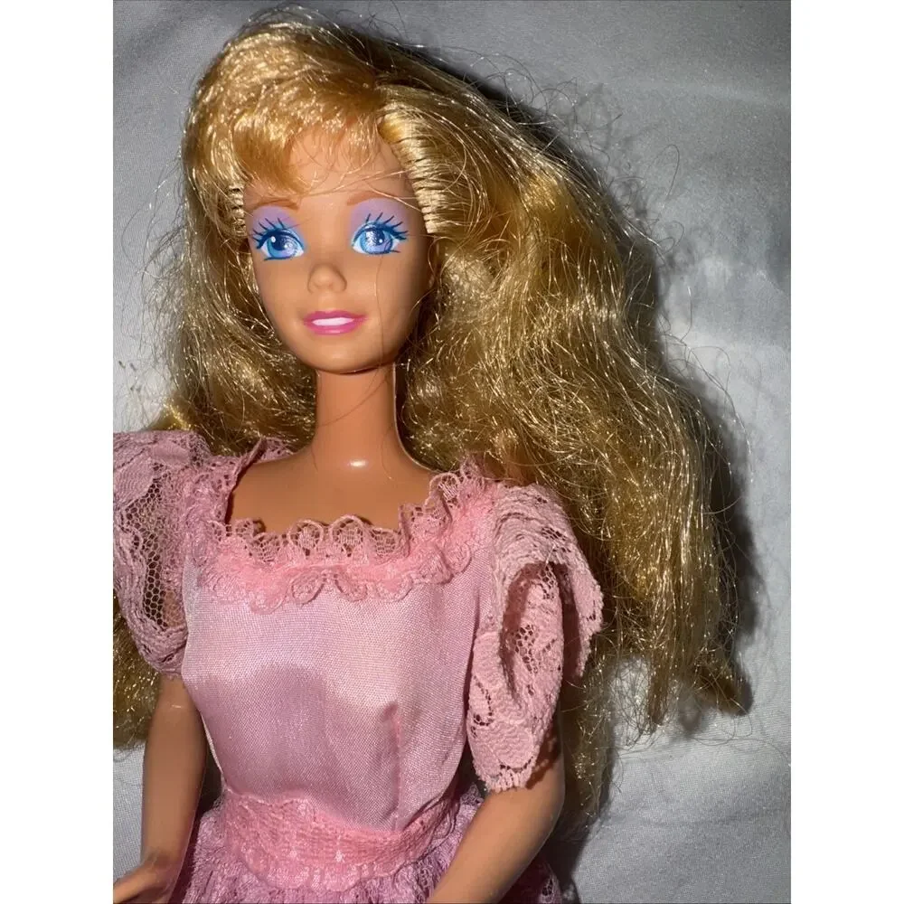 Vintage Blonde Hair BARBIE Doll MATTEL 1966 Body Pink Lace Long Gown Dress